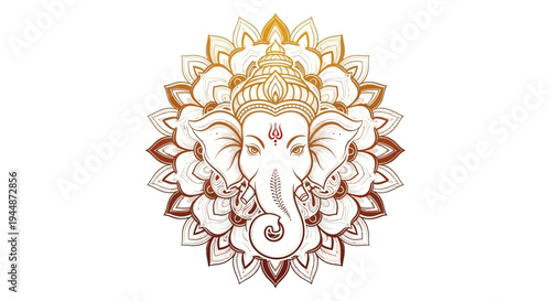 Illustration of Lord Ganesha's character in a colorful, symbolic design with traditional Indian mythology elements on a white background.