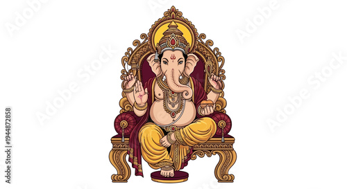 Illustration of Lord Ganesha sitting on a throne with ornate designs, symbolizing Mythology and tradition in a colorful, symbolic character design.