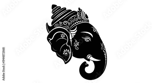A black and white illustration of Lord Ganesha's head, a symbolic character in Hindu mythology and a popular cultural icon, against a clean white background with colorful design elements.