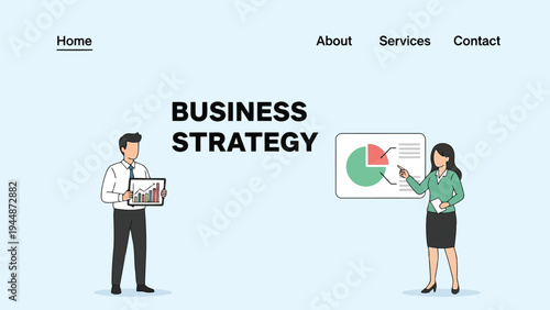 Illustration of business strategy meeting with professionals discussing a presentation on a whiteboard