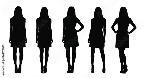Five female silhouettes display different standing fashion.