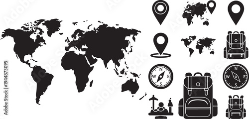 Travel and adventure icons on a world map background