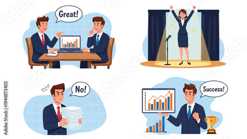 Illustration of business professionals celebrating success and overcoming challenges in a modern office environment