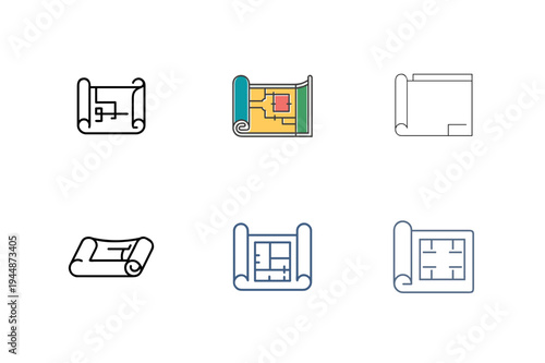 Minimal Blueprint Roll Silhouette Bundle Set, Architectural Blueprint Roll Minimal Silhouette Collection, Technical Blueprint Paper Roll Outline Bundle Design, Engineering Blueprint Scroll Silhouette 