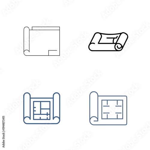 Minimal Blueprint Roll Silhouette Bundle Set, Architectural Blueprint Roll Minimal Silhouette Collection, Technical Blueprint Paper Roll Outline Bundle Design, Engineering Blueprint Scroll Silhouette 