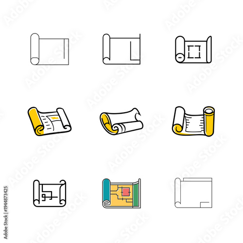 Minimal Blueprint Roll Silhouette Bundle Set, Architectural Blueprint Roll Minimal Silhouette Collection, Technical Blueprint Paper Roll Outline Bundle Design, Engineering Blueprint Scroll Silhouette 