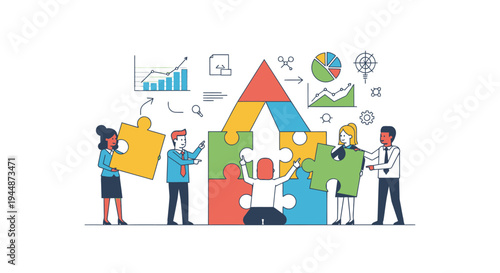 Set of colorful business teamwork puzzle icons vector