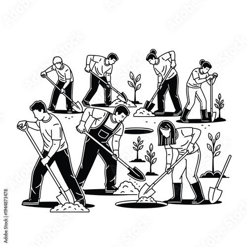 Group of people digging holes for tree planting, collective gardening project