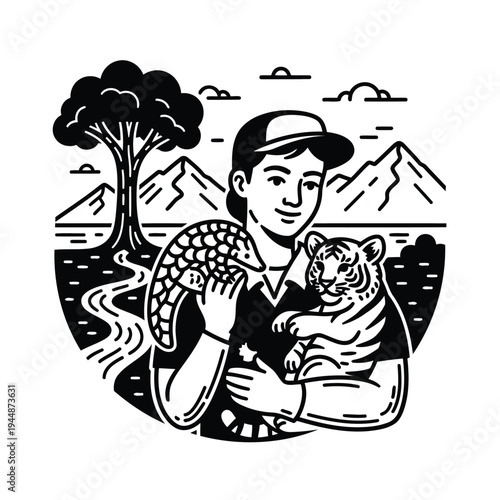 Man with pangolin and tiger cub showing conservation effort for wildlife
