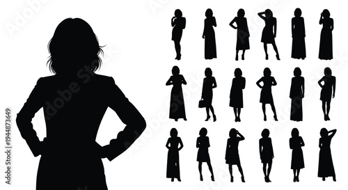 Businesswoman silhouettes show diverse professional poses.