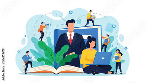 Illustration of group of people working together with books and laptops, illustrating education and teamwork concept