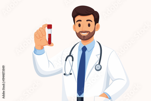 Flat vector illustration of a professional male doctor in a white lab coat with a stethoscope, holding a test tube containing a blood sample for medical laboratory analysis and diagnostic testing.
