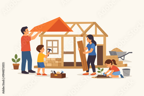 Happy family with parents and children building a wooden house together, father installing roof, mother carrying wood, son hammering, and daughter gardening, flat vector illustration concept.