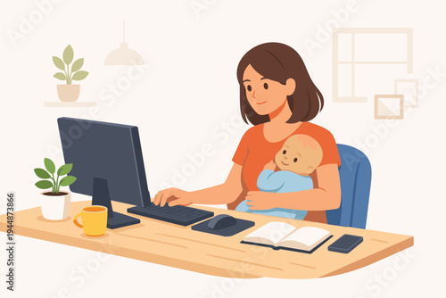 Vector illustration of a mother working from home on a computer while holding her baby. A woman multitasking at a desk with a monitor, keyboard, and infant in her lap. Remote work career concept.