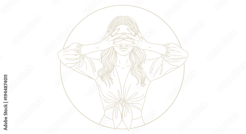 Fototapeta premium A woman covers her eyes with both hands inside a circle outline.