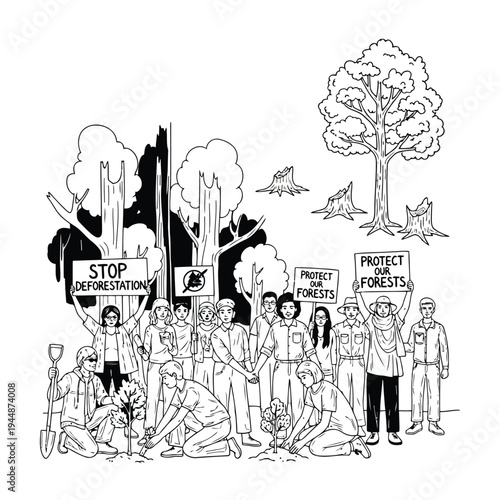 People planting trees for reforestation and stop deforestation protest