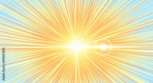 Vibrant sunburst in warm golden lighting with radiant beams on blue background for graphic design