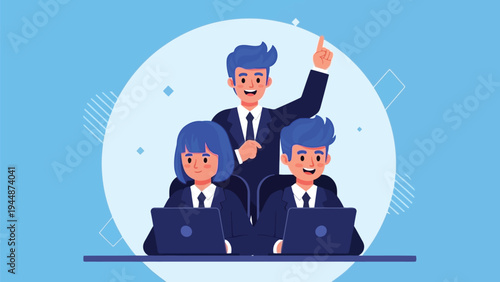 Illustration of business team celebrating success with laptops and teamwork concept in modern style