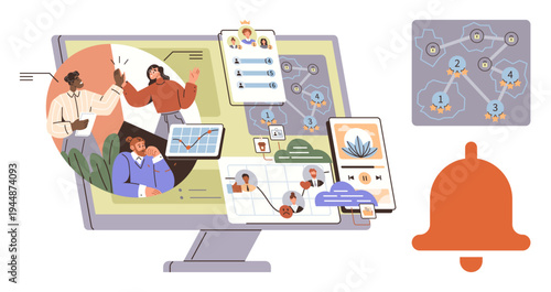 Team collaboration, task management, workflow optimization, remote teamwork, project planning, communication platform. Computer screen with maps, charts and team illustrations. Team collaboration