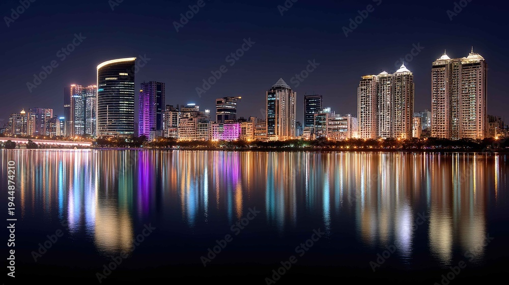 Obraz premium Stunning Night View of Urban Skyline with Reflections on Water