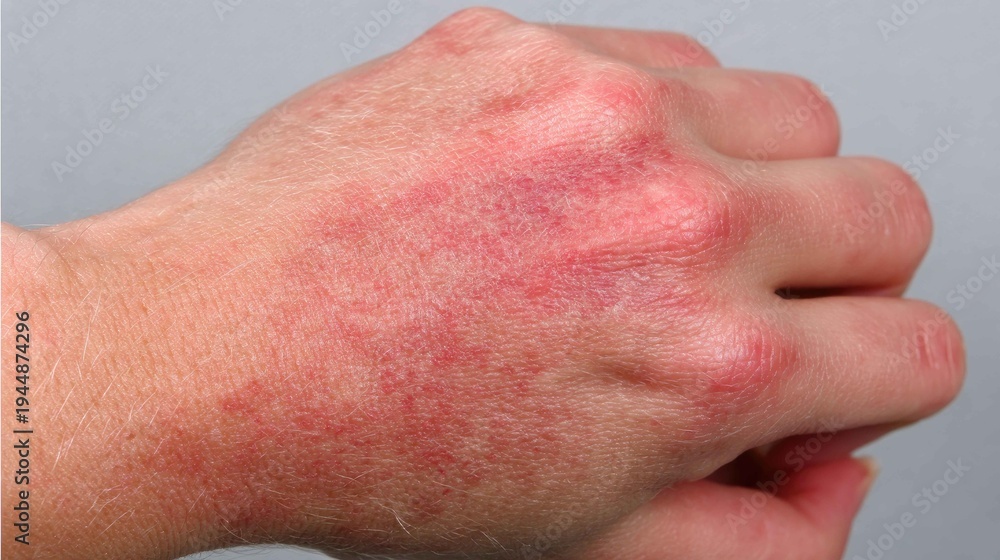 Fototapeta premium Red Skin Irritation on Human Hand Close-Up with Gray Background