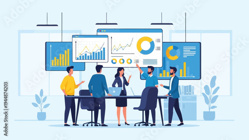 Illustration of group of business people analyzing data and discussing business strategy in a modern office setting