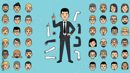 Illustration of a man in a suit holding multiple faces with different expressions around him, concept of identity or personality