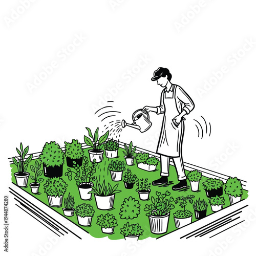 Male gardener watering rows of small potted plants in greenhouse for commercial cultivation