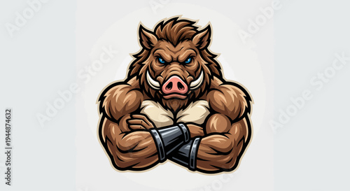 A muscular cartoon boar stands confidently with arms crossed.