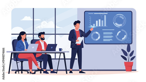 Illustration of business team analyzing data and discussing strategies in a modern office setting with charts and graphs