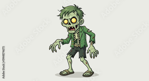 A cartoon zombie creature wearing a green jacket walks forward.