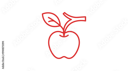 Outline vector icon of apple fruit hanging on branch, farm orchard symbol, red outline color, minimalist line design, isolated on white background, no text, no gradient