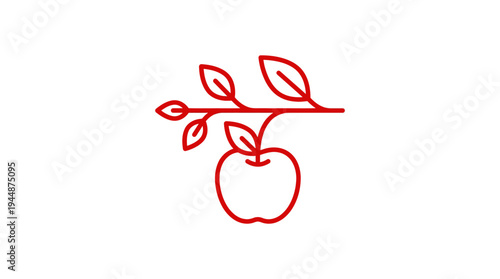 Outline vector icon of apple fruit hanging on branch, farm orchard symbol, red outline color, minimalist line design, isolated on white background, no text, no gradient