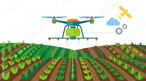 Flat vector illustration of agriculture drone spraying crops, smart farming technology concept, solid random colors, isolated on white background, no text, no gradient