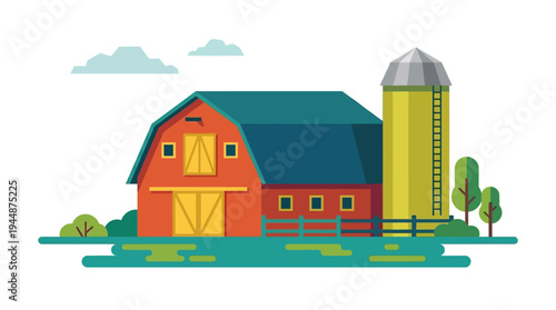 Flat vector illustration of farm barn building with silo tower, rural agriculture infrastructure concept