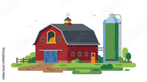 Flat vector illustration of farm barn building with silo tower, rural agriculture infrastructure concept