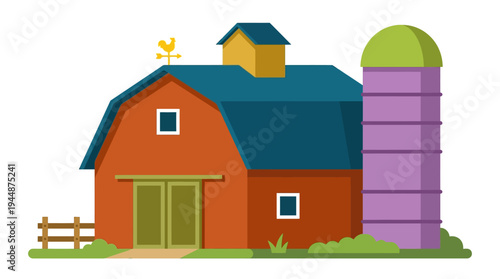 Flat vector illustration of farm barn building with silo tower, rural agriculture infrastructure concept