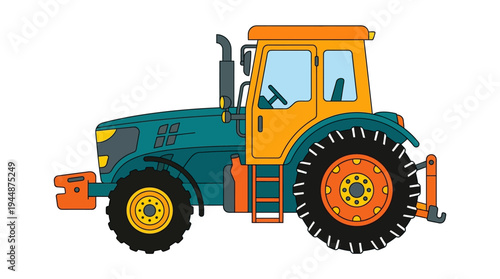 Flat vector illustration of modern farm tractor side view, agriculture machinery concept, minimalist flat design, solid random colors, isolated on white background, no text, no gradient