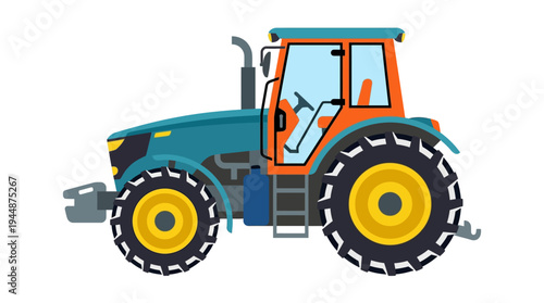 Flat vector illustration of modern farm tractor side view, agriculture machinery concept, minimalist flat design, solid random colors, isolated on white background, no text, no gradient