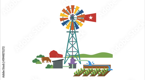 Flat vector illustration of traditional farm windmill water pump, irrigation agriculture concept, solid random colors 