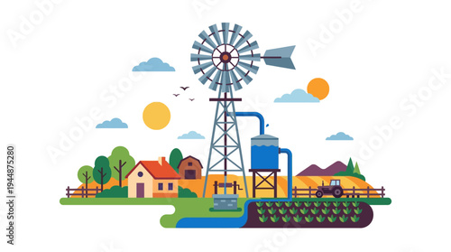 Flat vector illustration of traditional farm windmill water pump, irrigation agriculture concept, solid random colors 
