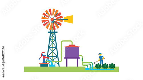 Flat vector illustration of traditional farm windmill water pump, irrigation agriculture concept, solid random colors 