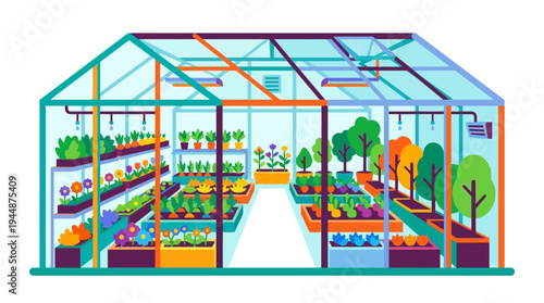 Flat vector illustration of greenhouse structure with plants inside, modern agriculture building concept,
