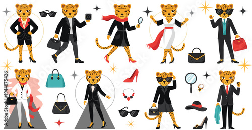 Stylish Leopard Fashion Characters Vector Set Featuring Trendy Animal Models with Handbags, Sunglasses, High Heels and Elegant Clothing.