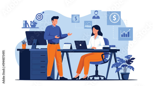 Illustration of business professionals discussing financial strategy with charts and laptops in office