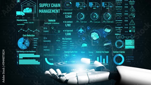 AI controls supply chain systems with virtual assistant monitoring, route optimization, and artificial intelligence for procurement, delivery, and warehouse tracking. Thunk