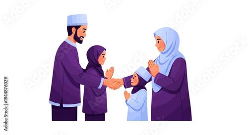 A Muslim family in traditional attire greet each other with smiles during an Eid celebration on a white background in a colorful cartoon illustration