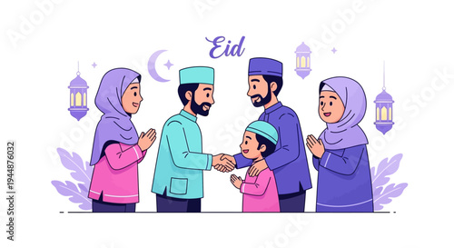 A Muslim family in traditional attire greet each other with smiles during an Eid celebration with a crescent moon and lanterns in the background