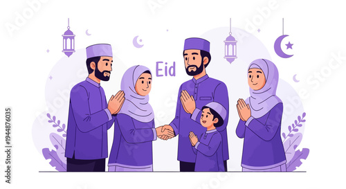 Illustration of a Muslim family in purple attire shaking hands and celebrating Eid with a joyful mood and cartoon style against a white background