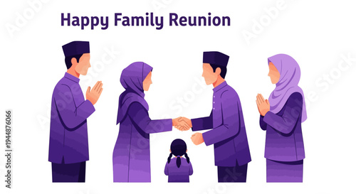 A Muslim family in purple attire shakes hands and greets each other in a joyful Eid celebration with a child standing between them against a clean white background